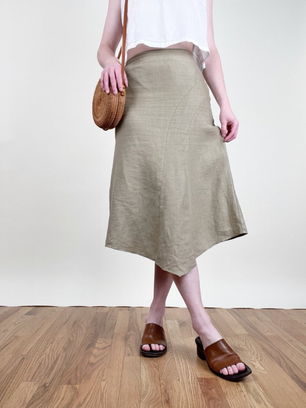 Vintage 90s Linen Midi Skirt Asymmetric High Waisted Minimalist Coastal 1990's - Picture 3 of 8